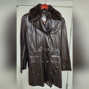 Andrew Marc Chocolate Leather Coat with Plush Collar